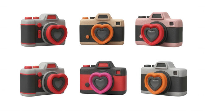 3d camera illustrations with hearts set against a white background celebrating love and capturing moments valentines day