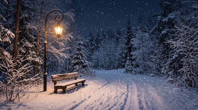 Peaceful winter scene with snowy path and lamp post at night