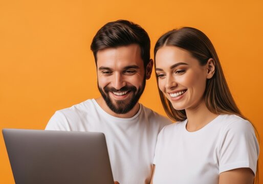 Happy couple looking at laptop screen