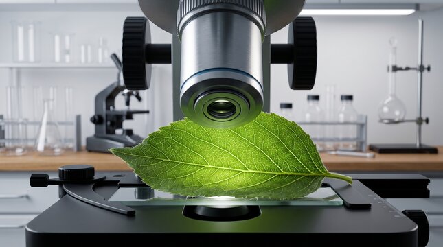 Close up of microscope analyzing leaf structure in laboratory setting