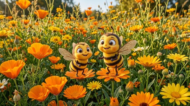 Joyful cartoon bees buzzing around colorful blooming spring flowers