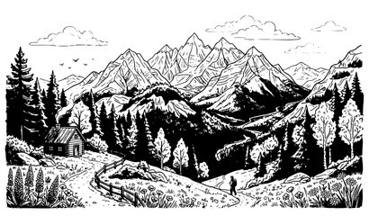 Obraz premium Mountain landscape cabin engraving vector illustration for nature and outdoor design
