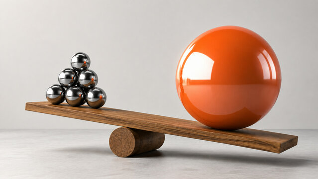 Wooden seesaw balancing a pyramid of silver spheres against one large orange ball. Concept of corporate risk management and leadership leverage.