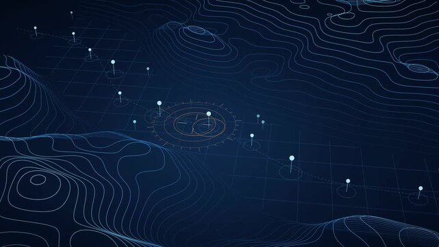 Strait Transit Queue Visualization, Nautical Navigation Route, Abstract Oceanic Pathway, Digital Terrain Map, Geospatial Mapping, Seamless Loop Animation, Data Flow Representation