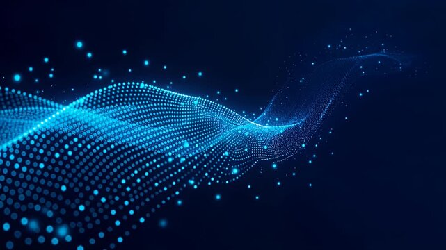 blue digital wave particles flowing through dark abstract background video