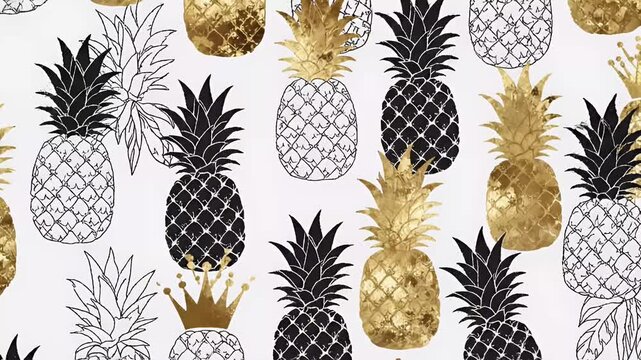 Seamless pineapple pattern motion graphic with gold black and white fruit elements and crowns