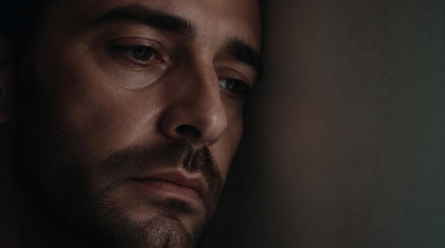 Mans Tired Eyes Reflecting Stress and Exhaustion with a Dark Background