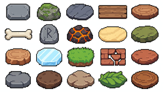 Set of retro pixel art nature environment assets and tiles for video game level design