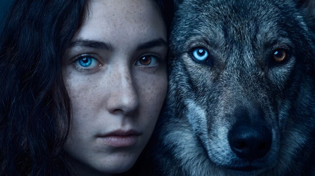 Striking portrait of a young woman and a wild wolf side by side, sharing a mystical connection through their matching blue and brown heterochromia eyes.