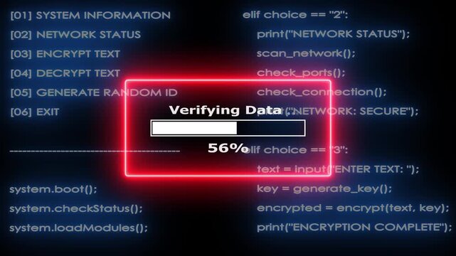 Cyber security loading screen with digital code and neon progress bar.