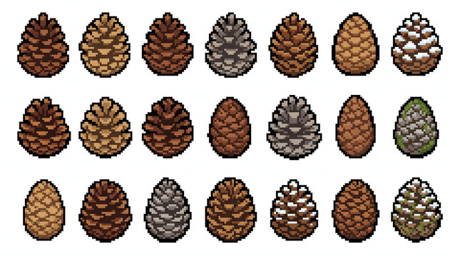 Set of retro pixel art pine cones in various brown and snowy styles for game assets