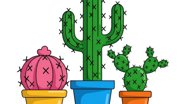 Pixel art cacti in colorful pots, desert plants, succulents, cute cartoon style, isolated elements