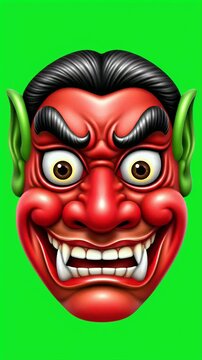 Scary red oni mask with green ears and sharp teeth, traditional Japanese folklore creature, menacing expression