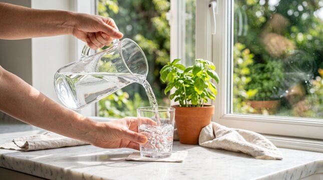 Woman pouring fresh drinking water from glass pitcher into tumbler on sunny kitchen windowsill