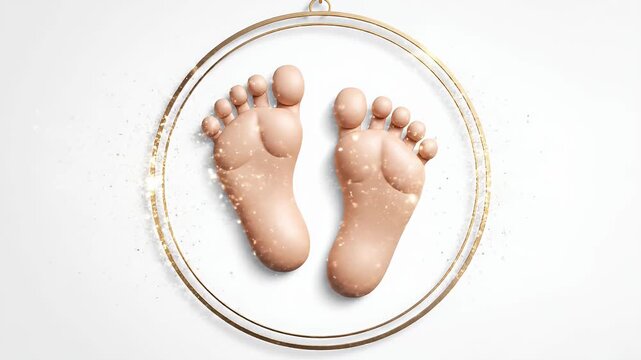 Abstract golden outline of human feet floating within a circular frame, representing new beginnings, journey, and life's first steps, with sparkling particles