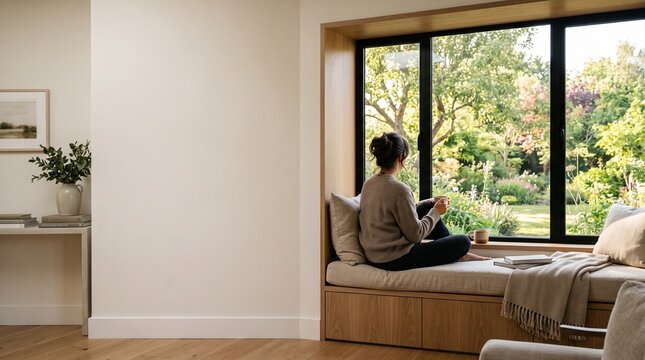 Woman relaxing by window seat holding ceramic cup in bright living room