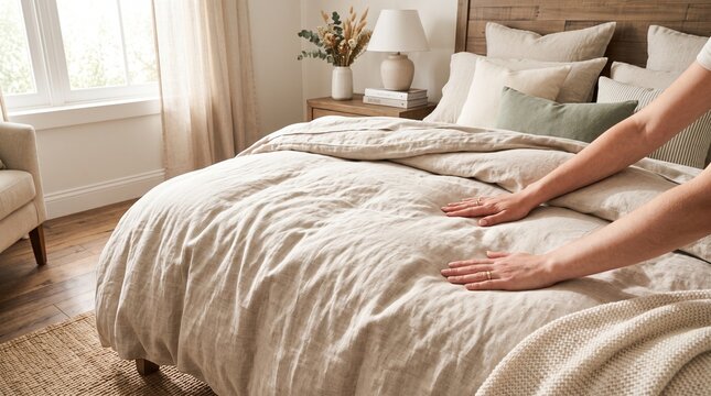 Woman smoothing linen bedding on a cozy bed in a bright modern bedroom