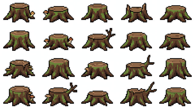 Pixel art tree stump sprite sheet with moss and mushrooms for retro game environment design