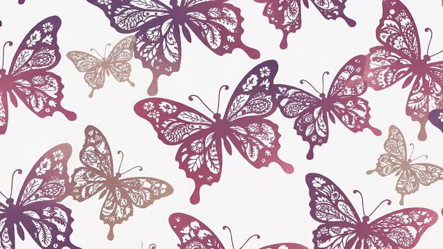 Seamless pattern of decorative butterflies in gradient purple and pink hues, vintage lace texture, elegant repeating design