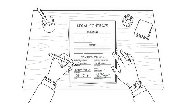 Hands Signing Legal Contract on Desk with Office Items Line Art for Business and Legal Documents