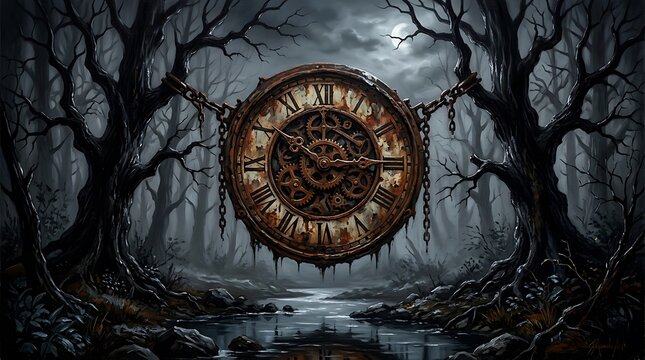 Large vintage clock hanging on chains in a dark spooky forest with bare trees and full moon