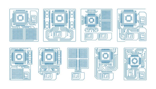 Semiconductor chip and integrated circuit board line layout icon set featuring cpu processor microchip sim card memory vector illustration.