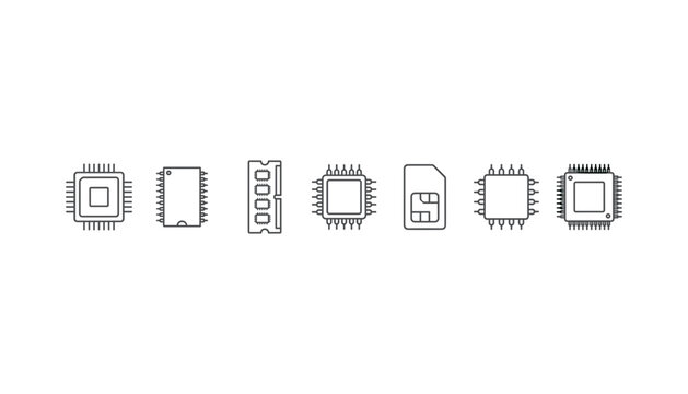 Semiconductor microchip and computer memory hardware line icon set featuring cpu processor chip sim card ram vector illustration.