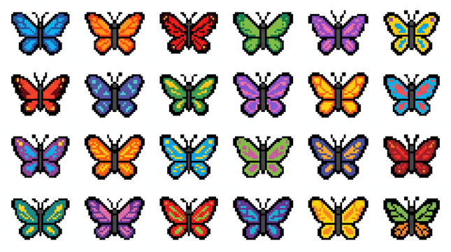 Collection of vibrant colorful pixel art butterfly icons for retro gaming and graphic design