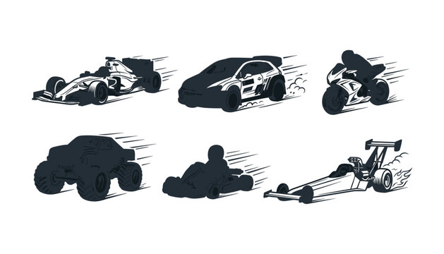Motorsport and racing vehicle silhouette icon set featuring formula car rally car superbike monster truck gokart dragster vector illustration.