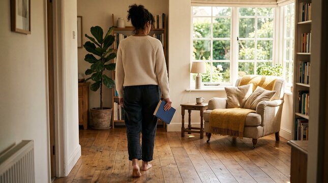 Woman walking through a sunlit home living room holding a blue book