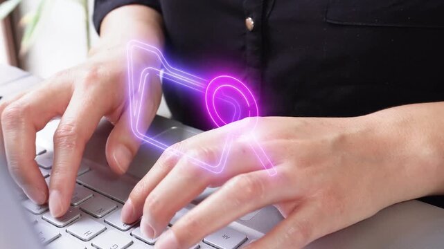 File search. Image focused on the hands of a professional woman using a laptop with a virtual folder icon and a magnifying glass.