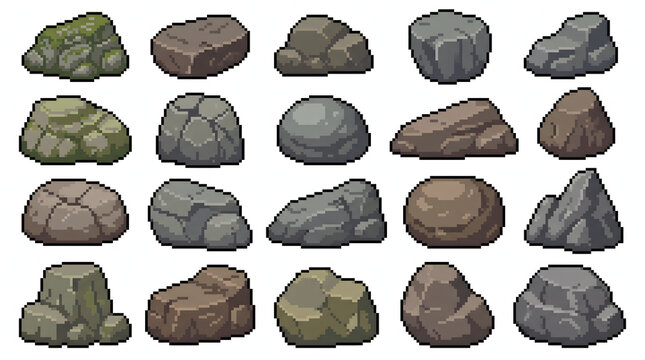 Set of various pixel art rocks and stones for retro video game environment design