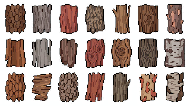 Pixel art collection featuring various tree bark textures and timber logs for game assets.