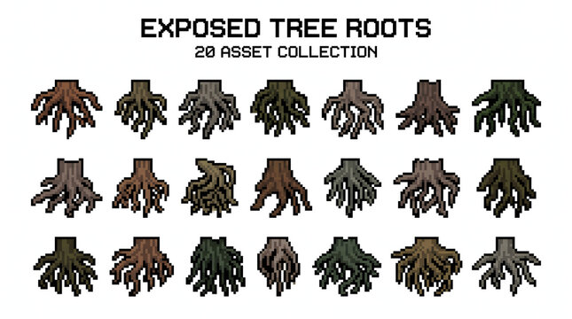 Collection of twenty exposed tree roots in pixel art style for forest game environment design