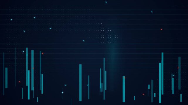 Abstract Digital Data Visualization with Moving Financial Chart Bars and Futuristic HUD Grid Interface