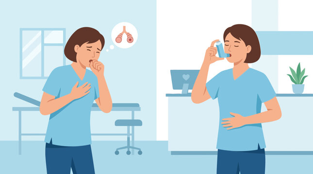 Woman coughing and using inhaler for asthma relief, transparent background