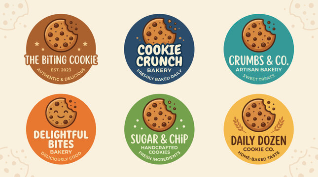 Circular chocolate chip cookie bakery brand logo set.