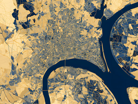 For Bordeaux, France, a map in gold and blue &ndash; the map palette