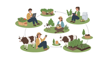 Fototapeta premium Sustainable farming cycle with people, cows, and crops on transparent background
