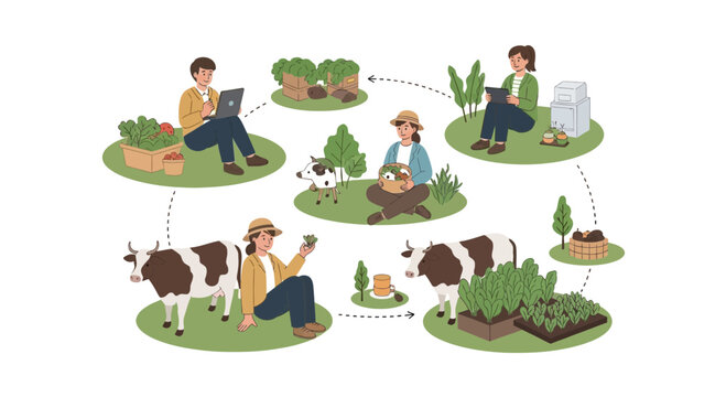 Sustainable farming cycle with people, cows, and crops on transparent background