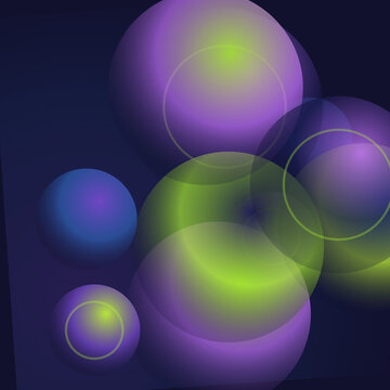 Rich purple and green gradient spheres with subtle outlines on a dark background