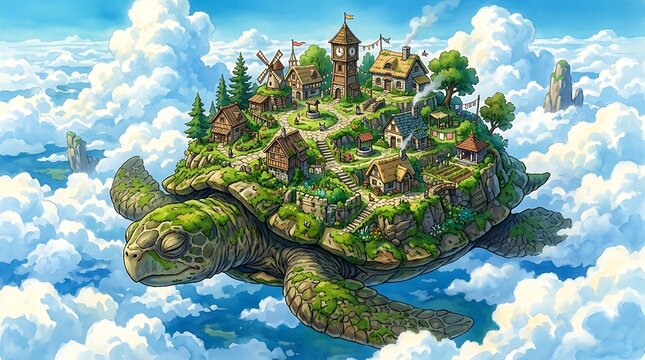 Giant sea turtle with a small medieval village on its back flying through a bright blue sky