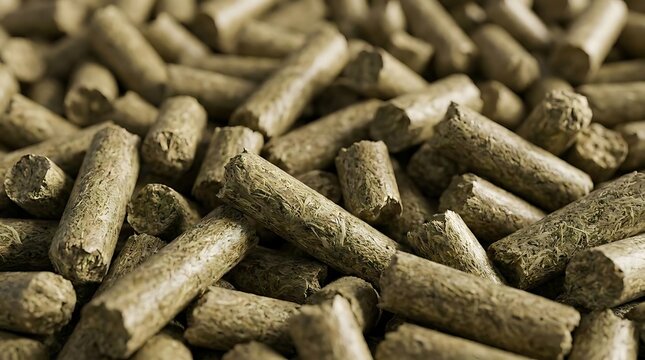 A close-up view of compressed alfalfa pellet feed stored in bulk, featuring high-quality agricultural livestock nutrition for farm animals and cattle.
