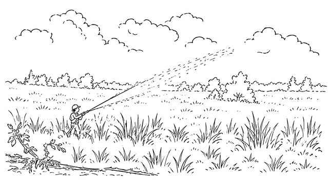 ketch Drawing of Worker Extinguishing Fire or Watering Grass with Long Hose