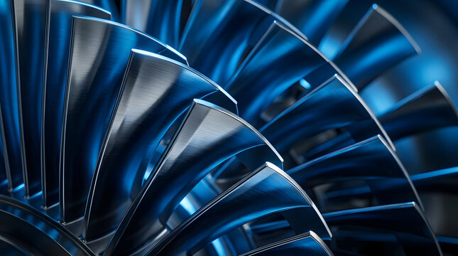 Industrial jet engine turbine blades with metallic blue lighting for high performance mechanical engineering systems.