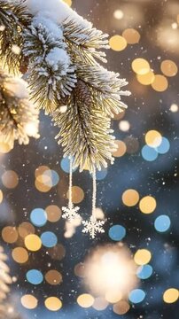 Snowy pine branches decorated with delicate snowflake ornaments during winter