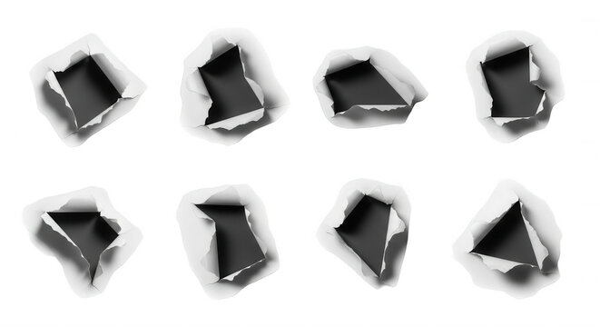 isolated holes torn through white paper a series against a dark background concept design or effect usage