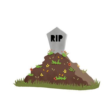 Grave with Tombstone and Flowers Hand Drawn Halloween Vector Illustration