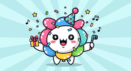 Naklejka premium Cute Cartoon Character Celebrating Birthday with Balloons, Gift, and Party Popper