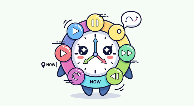 Cute Cartoon Clock Character with Play Buttons, Time Management Concept